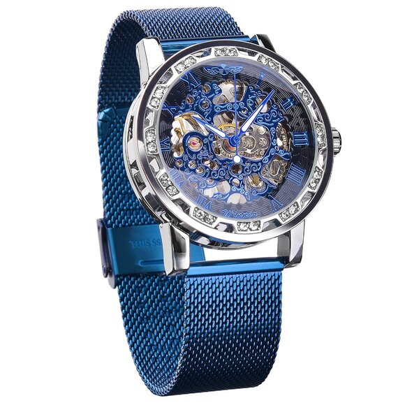 Retro Mechanical Skeleton Watch with Diamond Dial and Roman Numerals